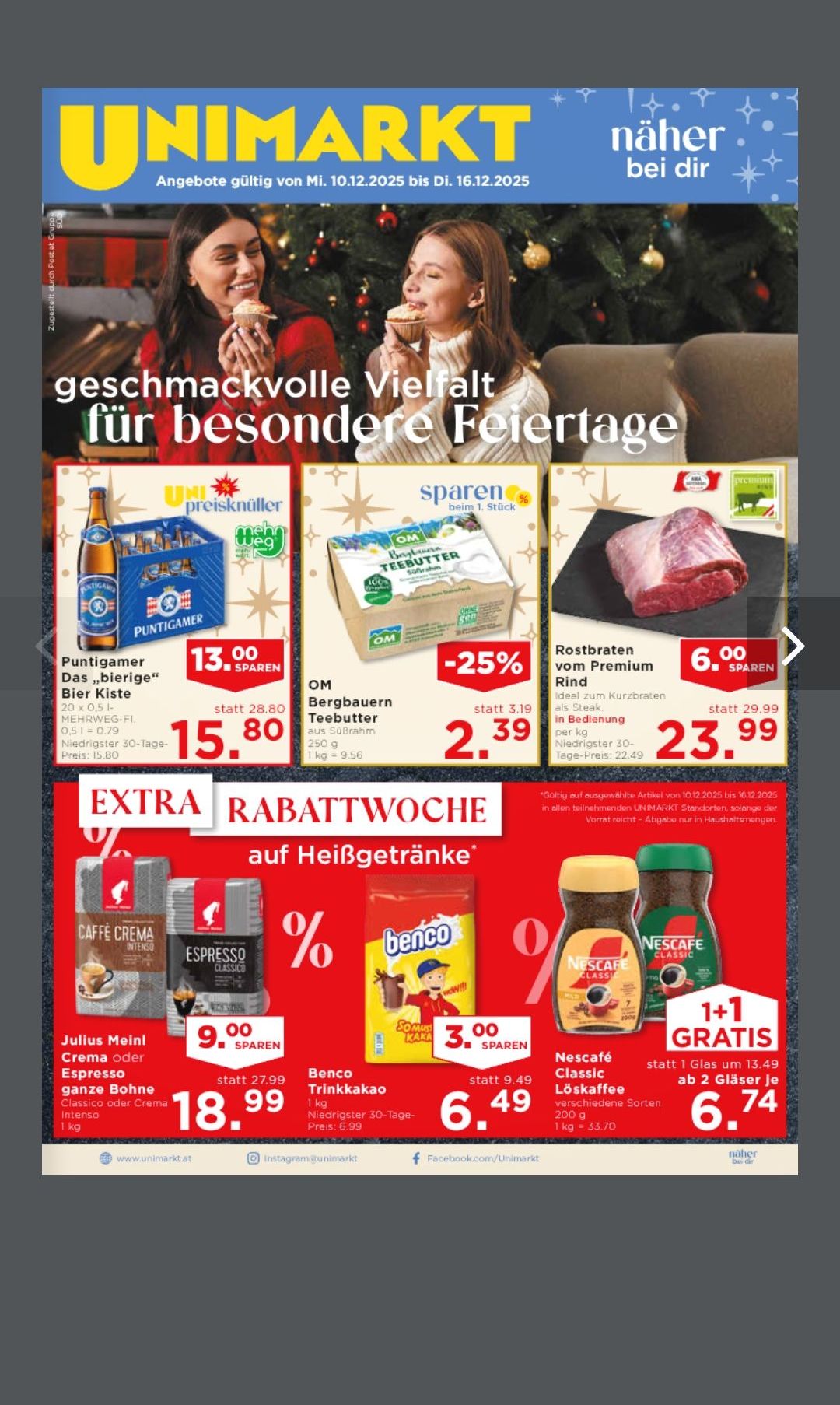 Advertisement for holiday drinks and coffee. It features a variety of beverages including beer, tea, and coffee. Prices and discounts are listed for each item. The ad also includes a call to action for additional discounts during the holiday season.