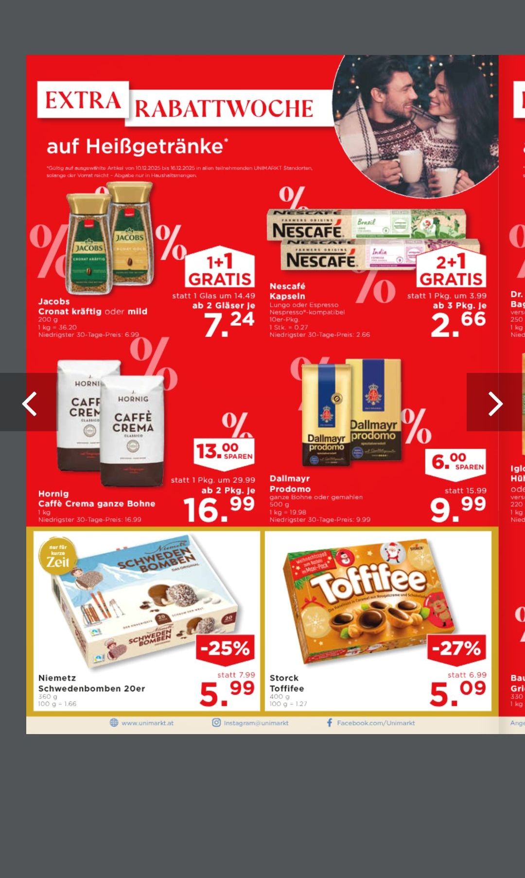 A promotional flyer displays various coffee and dessert products. Jacobs coffee offers 1+1 gratis. Nescafe capsules offer 2+1 gratis. Hornig Caff Crema offers 13% savings. Dalimayr Promodo offers 6% savings. Swedish Bombs offer 25% savings. Toffee offers 27% savings.
