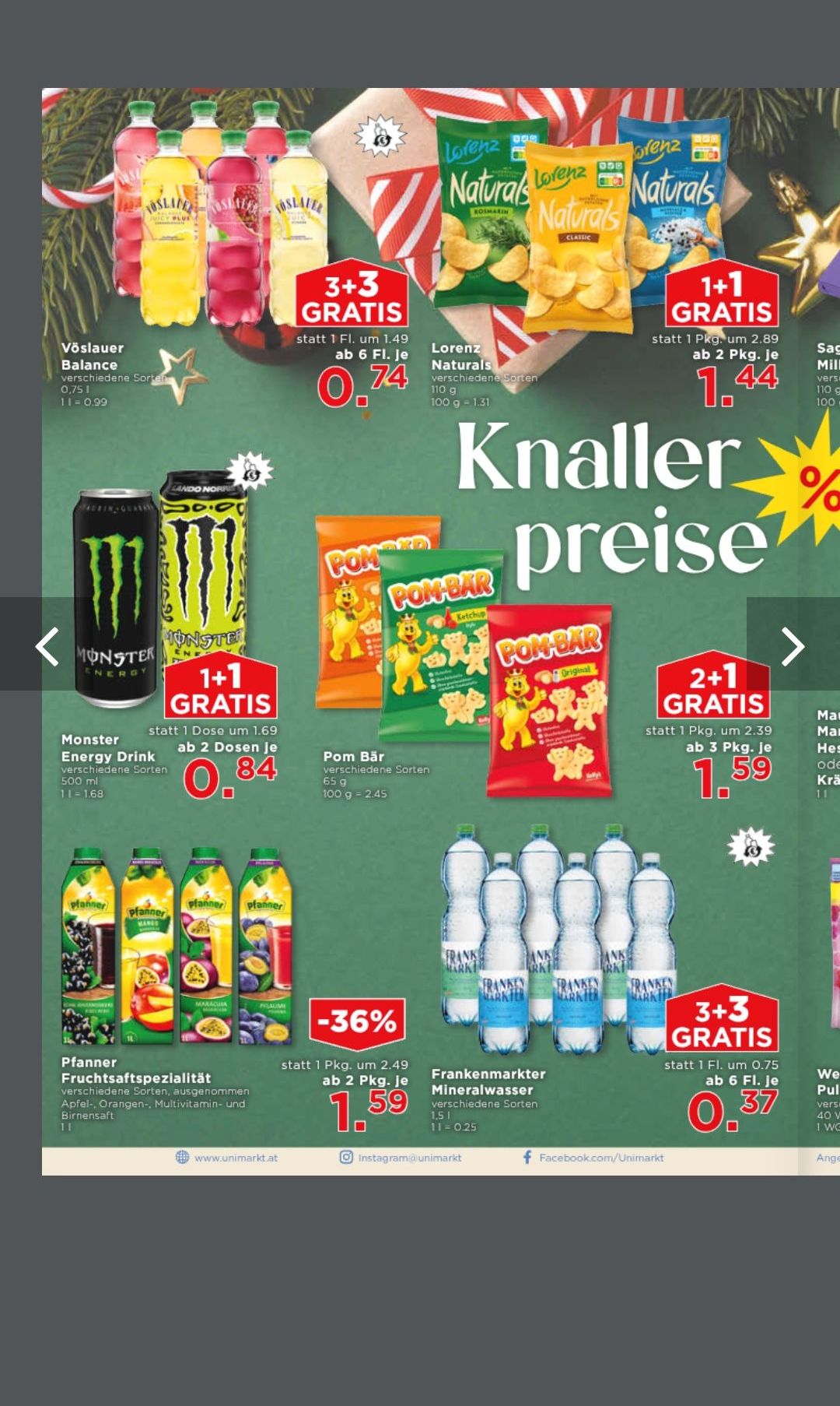 Promotional flyer for various products. It includes Monster Energy Drink, Pom Bar, Lorenz Naturals, and Franky Marker Mineral Water. Each product has different prices and free offers.