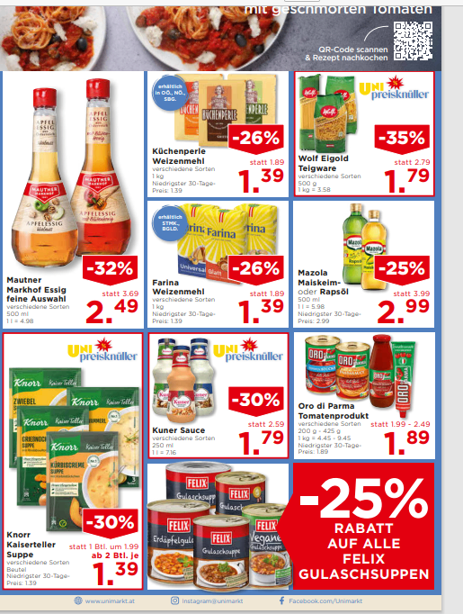Werbung für einen Supermarkt-Verkauf mit verschiedenen Lebensmitteln. Produkte umfassen Saucen, Nudeln, Suppen und Gewürze mit Rabatten. QR-Code zum Scannen und für Rezeptinformationen.
