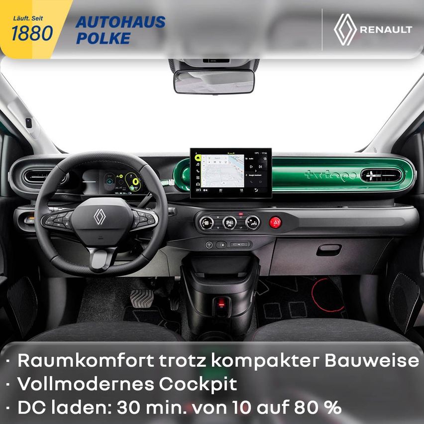 Innenraum eines Renault Autos mit großzügigem Komfort, modernem Cockpit und schneller DC-Ladung.
