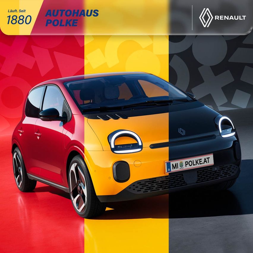 Das Bild zeigt ein elektrisches Renault-Auto mit einem zweifarbigen Design, rot und gelb, auf einem lebhaften Hintergrund. Die Vorderseite des Autos ist schlank gestaltet mit LED-Scheinwerfern und einem markanten Renault-Logo.