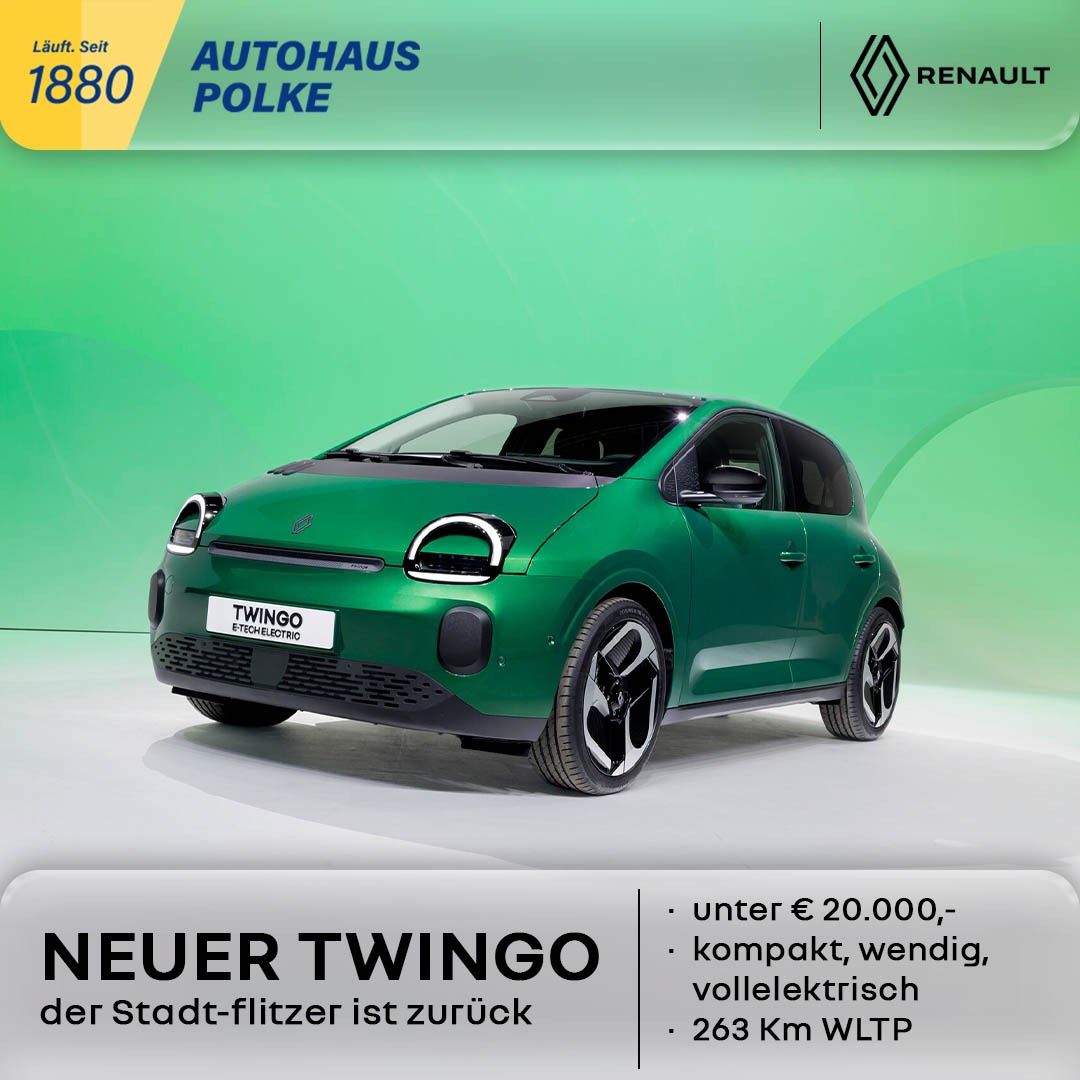 Grüner Renault Twingo Elektroauto auf einer weißen Oberfläche mit grünem Hintergrund. Preis unter 20.000 €, kompakt, wendig, vollelektrisch, 263 km WLTP.