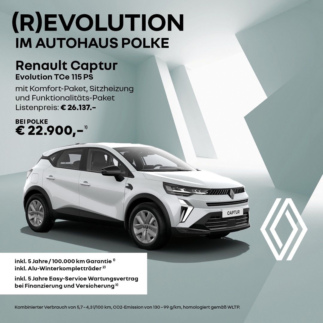 Eine Werbung für das Renault Captur Evolution Tce 115 PS Auto, die seine Funktionen und den Preis hervorhebt. Das Auto ist weiß und in einem modernen Showroom geparkt.
