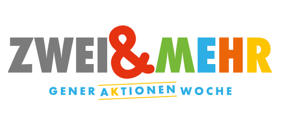 Ein Logo mit bunten Buchstaben 'ZWEI & MEHR' und darunter 'Generative Aktion'. Der Text ist auf weißem Hintergrund zentriert.