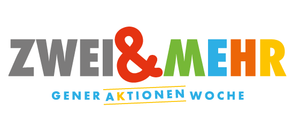 Ein Logo mit bunten Buchstaben 'ZWEI & MEHR' und darunter 'Generative Aktion'. Der Text ist auf weißem Hintergrund zentriert.
