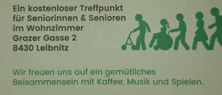 Ein kostenloser Treffpunkt für Seniorinnen und Senioren an der Grazer Gasse 2, 8430 Leibnitz. Wir freuen uns auf ein gemütliches Beisammensein mit Kaffee, Musik und Spielen jeden Montag.