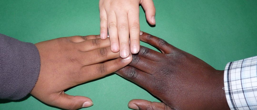 Drei Hände sind zu sehen, zwei dunkler und einer heller, in einer Geste der Einheit vor einem grünen Hintergrund.