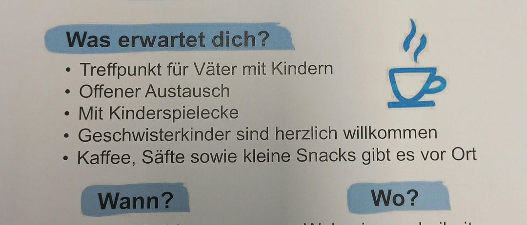Plakat für ein kostenloses Väter-Kinder-Café. Termine sind 17.03.2026, 28.04.2026 und 26.05.2026. Adresse: Grazer Gasse 2, 8430 Leibnitz. Kontakt: 0676/84 71 55 483, sebastian.hofer@lebensgross.at. Öffnungszeiten: 16:00 bis 18:00 Uhr.
