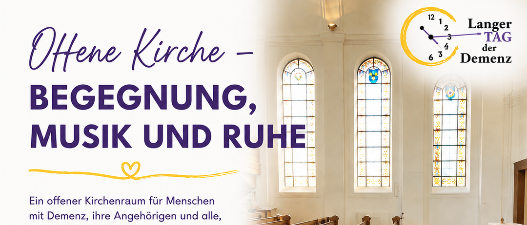 Plakat für die Veranstaltung 'Offene Kirche - Begegnung, Musik und Ruhe' am 16. September 2026 von 17:00 bis 19:00 Uhr in der Evangelischen Kirche Leibnitz. Zeigt ein Bild des Kircheninneren mit Kirchenbänken, Buntglasfenstern und einem Luthergarten.