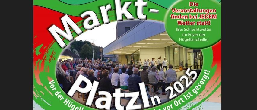 Werbeposter für eine Marktveranstaltung im Jahr 2025, zeigt eine Menschenmenge vor einem Gebäude. Es verspricht Veranstaltungen für jedes Wetter.