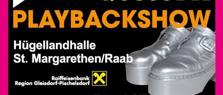 Advertisement for a Playback Show at the Hügellandhalle in St. Margarethen/Raab, featuring silver shoes, a ticket price of €19, and venue details.