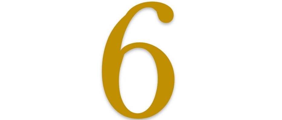 Das Bild zeigt eine einzelne Ziffer, die Zahl sechs, in goldener Farbe auf weißem Hintergrund.