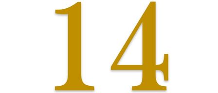 Das Bild zeigt die Nummer 14 in goldener Schrift auf weißem Hintergrund.