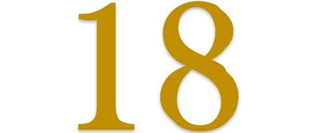 Das Bild zeigt die Zahl 18 in einer stilisierten Schrift. Die Zahl besteht aus zwei Ziffern, 1 und 8, wobei die 8 auf der rechten Seite größer ist. Die Farbe ist goldgelb auf weißem Hintergrund.