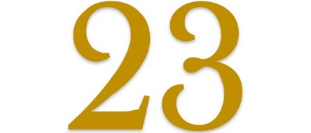 Die goldene Zahl 23 wird auf weißem Hintergrund angezeigt. Die Zahl ist stilisiert und scheint zu schweben.