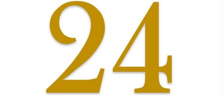 Das Bild zeigt die Nummer 24 in goldener Schrift auf weißem Hintergrund. Die '2' und '4' sind durch eine Linie oben verbunden.
