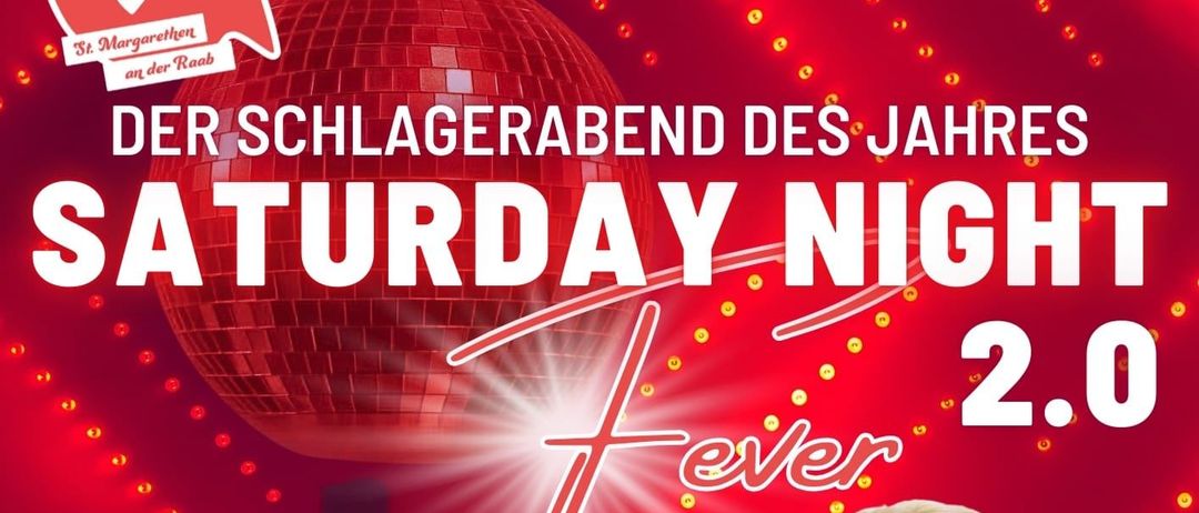 Poster for Saturday Night Fever 2.0 event. Features a blonde woman in a red dress. Starts at 20:00 on January 31, 2026.