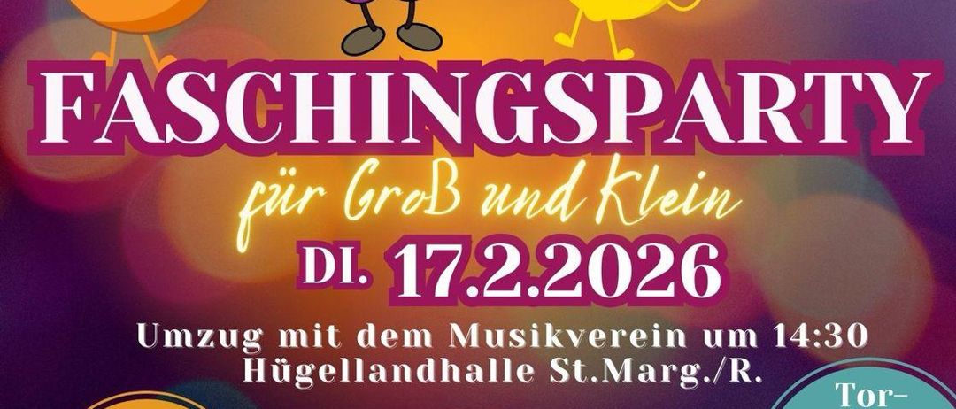 Ein Plakat für die Faschingsparty am 17. Februar 2026 zeigt Comicfiguren, Musik, Disco, Animation, Shows, Preise und eine Feuershow.