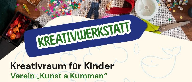 Ein Kreativworkshop für Kinder wird beworben, mit praktischen Bastelstationen und einem malenden Kind. Details umfassen Ort, Termine, Dauer, Altersgruppe und freiwillige Spenden.