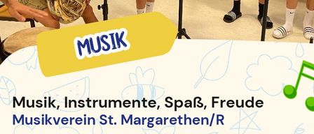 A poster about a music club for children, showing kids playing instruments. The club is at St. Margareten/R. It offers instrument lessons and fun activities. Date: Wednesday, August 19, 2026. Time: 9:00 AM - 2:00 PM. Age: from 8 years, minimum 5 participants. Free.