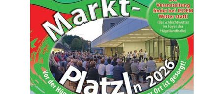 Ein Veranstaltungsposter für Market Platz im Jahr 2026. Es zeigt ein Bild einer Menschenmenge, eines Gebäudes und Text in englischer und deutscher Sprache.