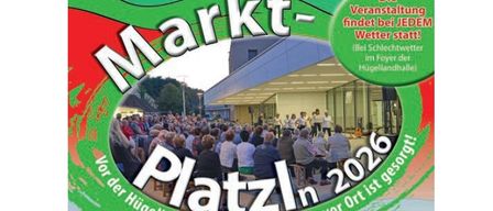 Poster for a cultural event in 2026 with people gathered outside a modern building. Green and white colors, text in English and German.