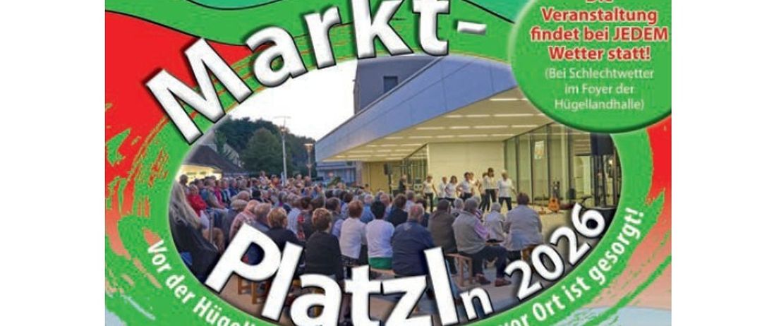 Plakat für eine kulturelle Veranstaltung im Jahr 2026 mit Menschen vor einem modernen Gebäude. Grüne und weiße Farben, Text auf Englisch und Deutsch.
