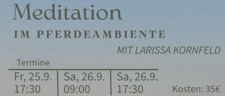 Eine Frau sitzt in einem Feld mit Pferden im Hintergrund. Der Textüberlagerung lautet 'Im Pferdeambiente mit Larissa Kornfeld' und listet Termine und Zeiten für Veranstaltungen auf.