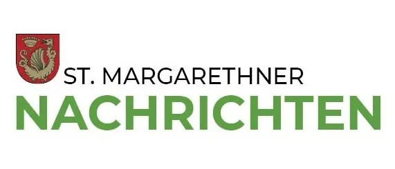 Das Logo von St. Margarethner Nachrichten zeigt einen roten Schild mit einem goldenen Vogel und dem Text 'ST. MARGARETHENER NACHRICHTEN' in Grün.