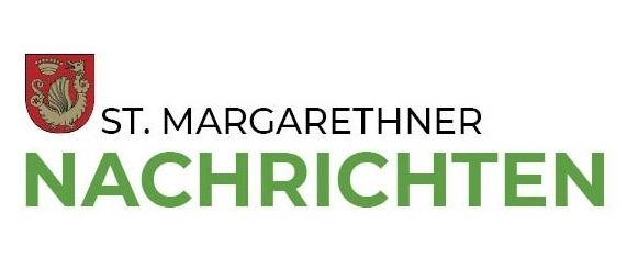 Das Logo von St. Margarethner Nachrichten zeigt einen roten Schild mit einem goldenen Vogel und dem Text 'ST. MARGARETHENER NACHRICHTEN' in Grün.