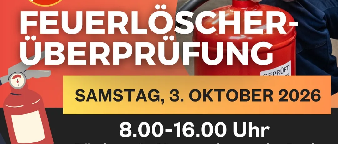 Plakat für eine Feuerlöscher-Überprüfungsveranstaltung am Samstag, 3. Oktober 2026, von 8:00 bis 16:00 Uhr im Rusthaus St. Margarethen an der Raab. Es enthält Details zur Veranstaltung, Kosten und Anforderungen.