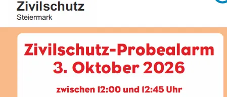 Plakat für einen Zivilschutz-Probealarm in Österreich am 20. Oktober 2026. Details umfassen die Zeit, Signalbedeutungen und Anweisungen zum Suchen von Schutz oder Beobachten von Sicherheitsmaßnahmen. Kontaktinformationen und ein QR-Code für die ZIVA-App sind ebenfalls angegeben.