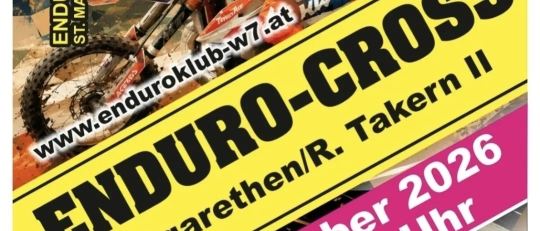 Ein Plakat für das Enduro-Cross-Event 2026 in St. Margarethen, das einen Motocross-Fahrer auf einem Dirtbike in Aktion zeigt.