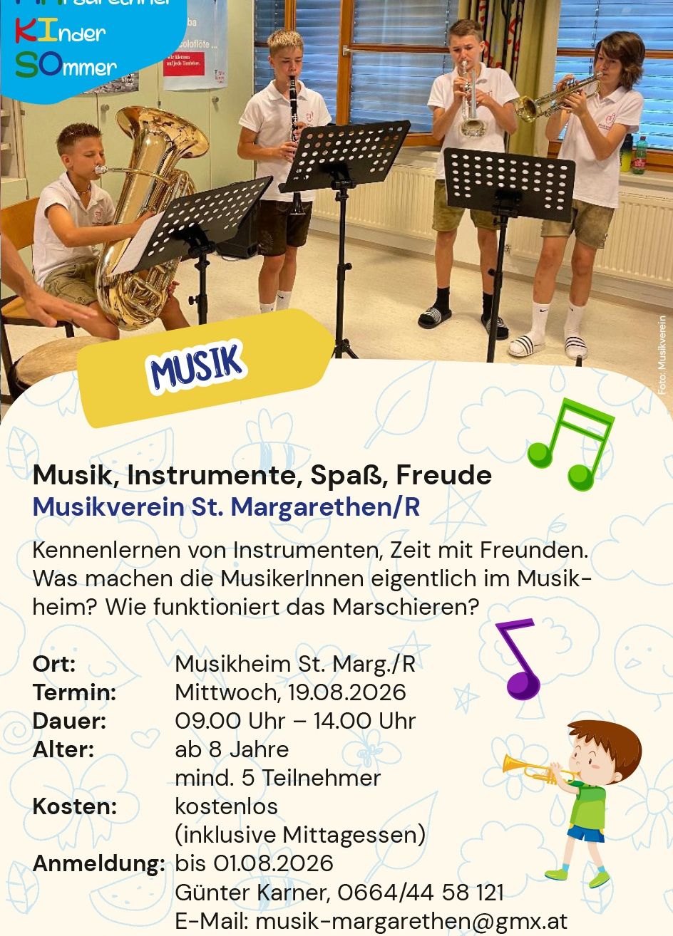 Eine Gruppe von Kindern lernt Instrumente zu spielen. Sie sitzen in einem Raum mit Notenständern und einer Musikpartitur. Der Text lautet: Musik, Instrumente, Spaß, Freude Musikverein St. Margarethen/R.