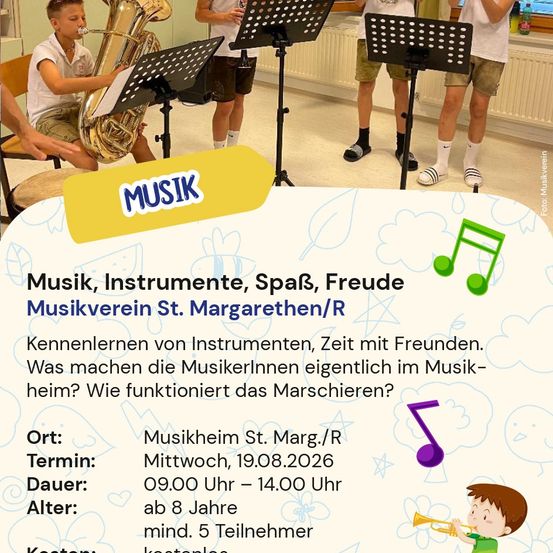 Eine Gruppe von Kindern lernt Instrumente zu spielen. Sie sitzen in einem Raum mit Notenständern und einer Musikpartitur. Der Text lautet: Musik, Instrumente, Spaß, Freude Musikverein St. Margarethen/R.