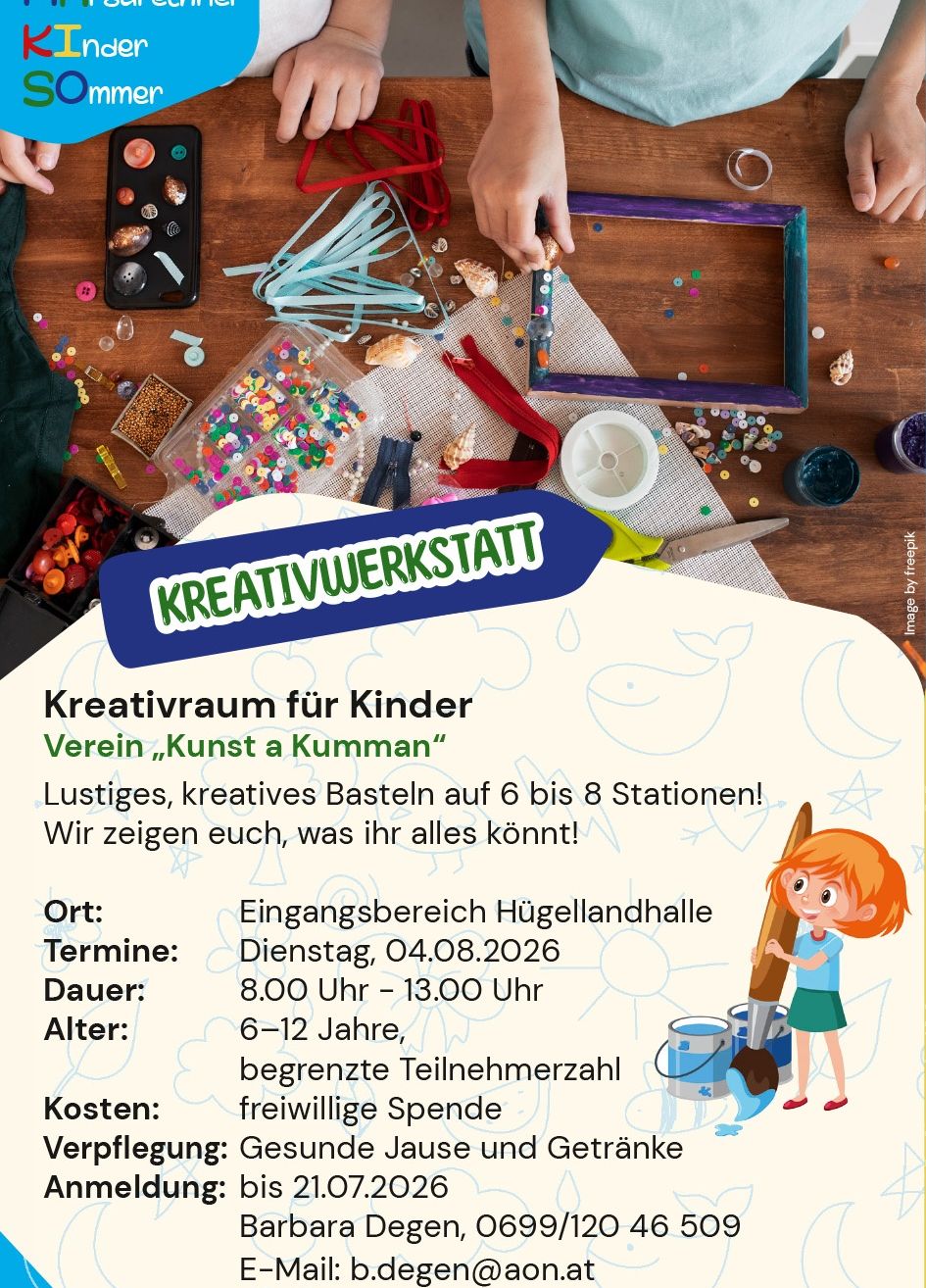 Ein Plakat für einen kreativen Workshop für Kinder. Verschiedene Bastelmaterialien sind ausgestellt. Datum: 04.08.2026. Zeit: 8:00 Uhr - 13:00 Uhr. Alter: 6-12 Jahre. Ort: Eingangsbereich Hüggellandhalle.