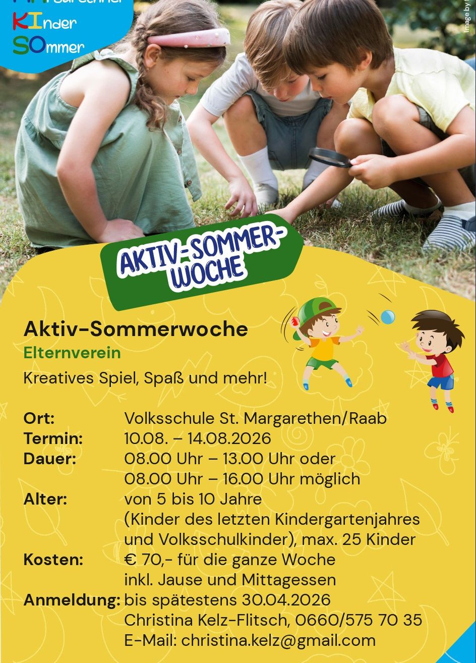 Plakat für die Aktiv-Sommerwoche-Veranstaltung. Zeigt Kinder beim Spielen, Termine vom 10. bis 14. August 2026, Zeiten von 8:00 bis 13:00 oder 16:00, für Kinder von 5 bis 10 Jahren und kostet 70 Euro für die ganze Woche.