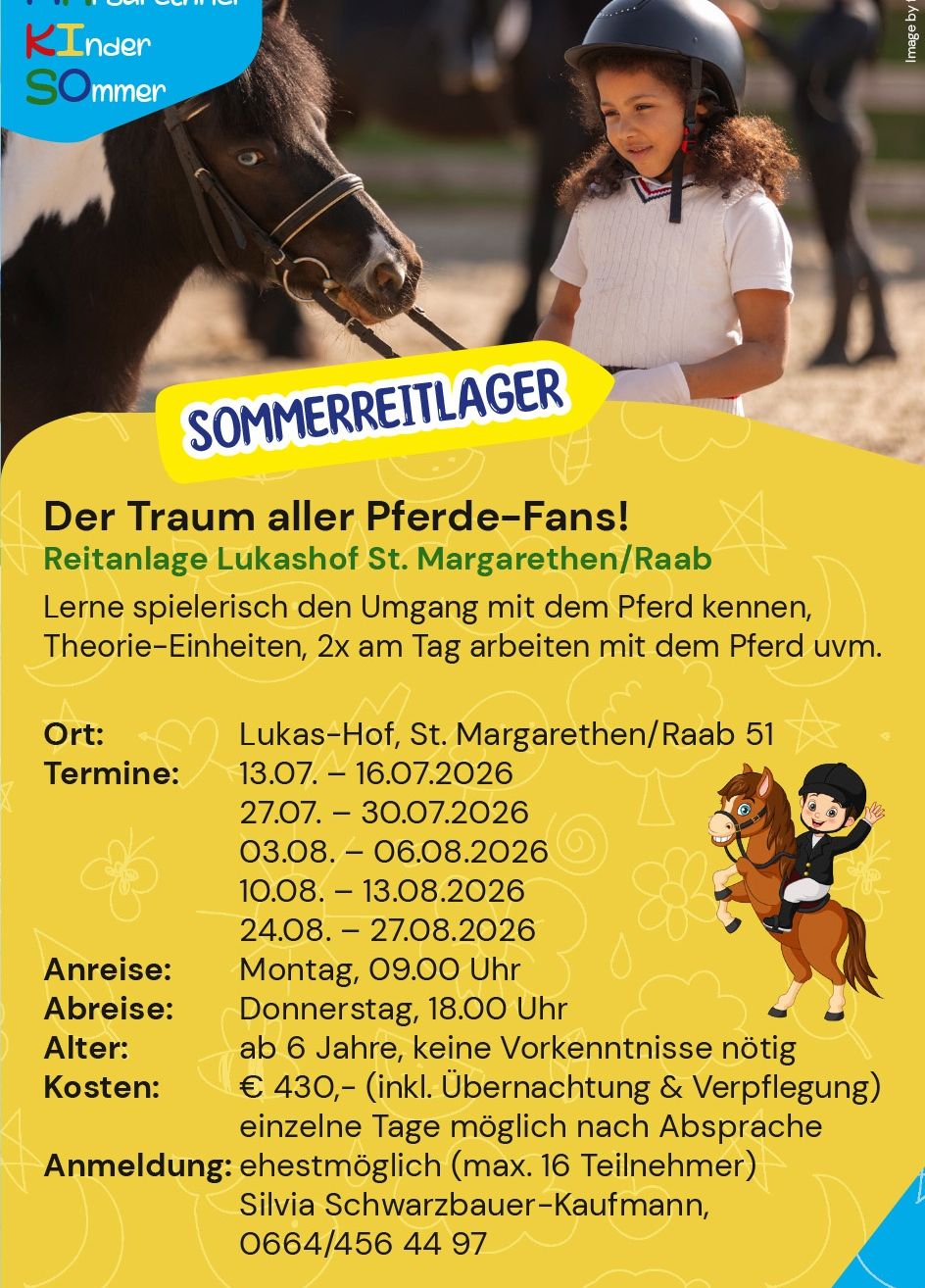 Sommerreitlager-Flyer mit Pferd und Reiter. Es enthält den Standort des Lagers, Termine, An- und Abreisezeiten, Altersanforderungen und Kosten. Das Lager zielt darauf ab, Kindern durch Spielen und Theorieunterricht den Umgang mit Pferden beizubringen.