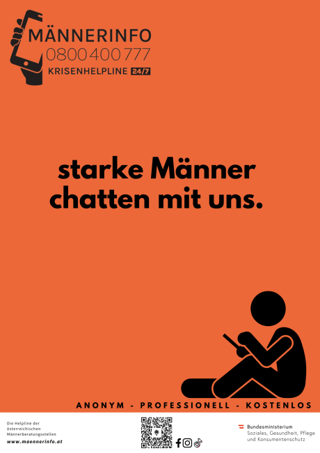 Plakat für eine Krisenhilfe für Männer. Es zeigt einen orangefarbenen Hintergrund, ein Telefonsymbol und die Nummer 0800400777. Es enthält auch einen Mann, der ein Telefon hält, und eine Silhouette eines sitzenden Mannes. Das Plakat besagt 'Starke Männer chatten mit uns.'