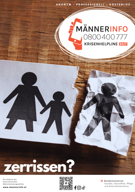 Ein Flyer für eine Helpline namens Mannerinfo mit einer Telefonnummer und einer Silhouette einer Familie. Der Flyer ist in zwei Teile zerrissen. Der Text zerrissen? steht in weiß. Unten befindet sich ein QR-Code.