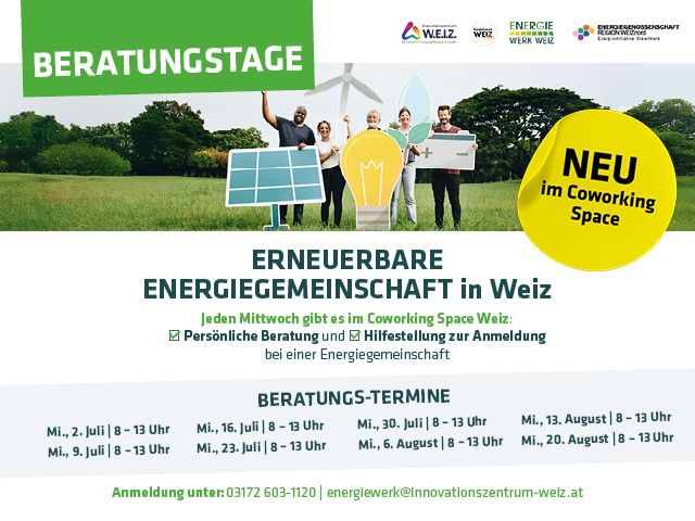 Werbeposter für 'Neu im Coworking Space' für eine erneuerbare Energiegemeinschaft in Weiz. Es zeigt eine Gruppe von Menschen auf einem Feld mit Solarmodulen und einer Glühbirne. Termine und Zeiten für Beratungen sind aufgeführt. Kontaktinformationen werden bereitgestellt.
