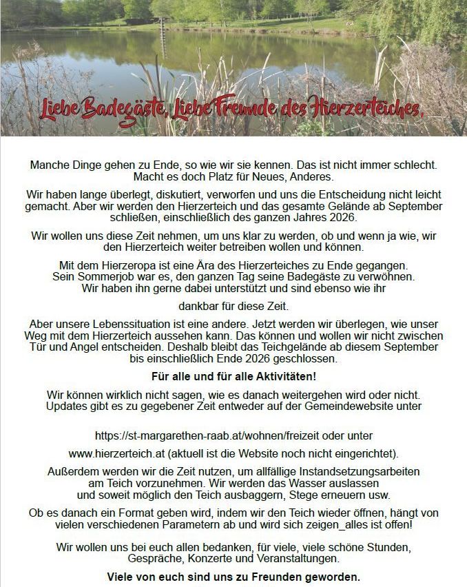 Das Bild zeigt eine Nachricht mit rotem Text auf weißem Hintergrund. Es handelt von der Schließung eines Ortes namens Herzer Teich für Wartung und zukünftige Planung. Es wird die Entscheidung erwähnt, den Ort bis September und möglicherweise bis Ende 2026 zu schließen. Die Nachricht lädt die Leser ein, die Website für Updates zu besuchen.