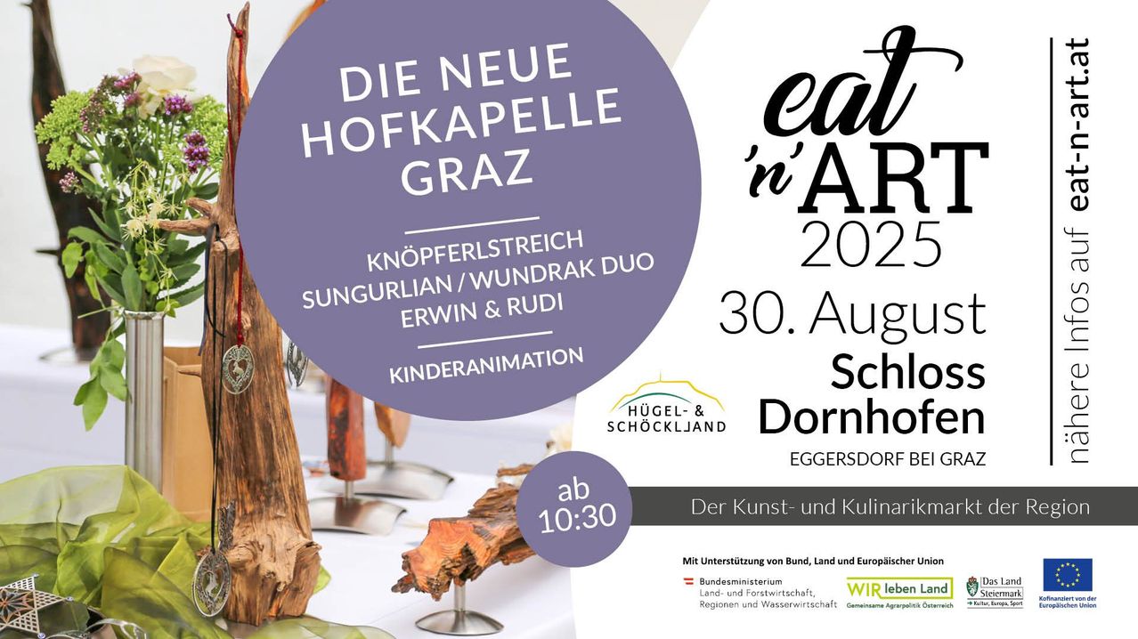 Ein Veranstaltungsposter für 'Die Neue Hofkapelle Graz' mit Knöpfelstreich und Sungurülian/Wundrak Duo. Geplant für den 30. August um 10:30 Uhr. Unterstützt vom Bundesministerium, Land und Europa.