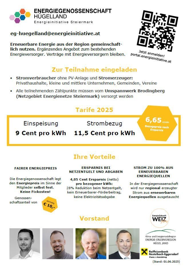 Das Bild zeigt einen Flyer für erneuerbare Energie. Es hebt Vorteile wie niedrigere Energiepreise, Einsparungen bei Stromrechnungen und eine 28%ige Reduzierung der Netzentgelte hervor. Der Flyer enthält Kontaktinformationen und QR-Codes für weitere Details.