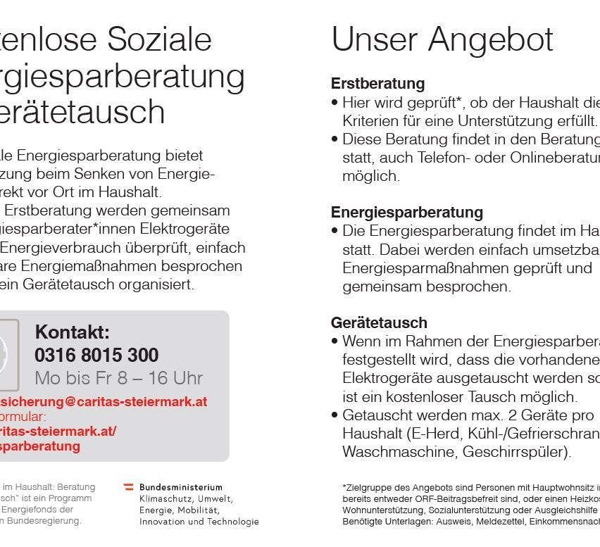 Die Infografik informiert über Energiesparberatung und Geräteaustausch. Kontaktdaten und Programmdetails werden bereitgestellt. Die Energiesparberatung umfasst die Überprüfung des Energieverbrauchs, die Besprechung von Energiesparmaßnahmen und die Organisation des Geräteaustauschs.