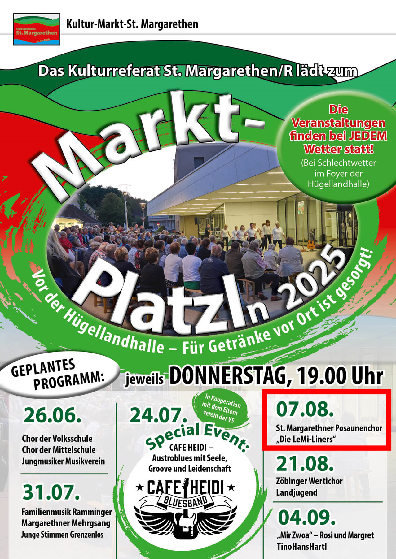 Markt-Platz 2025 Veranstaltung in der Hüggellandhalle. Geplant an Donnerstagen um 19:00 Uhr. Termine sind der 26. Juni, 24. Juli, 7. August und 21. August. Programm umfasst Schulchöre und lokale Musiker.