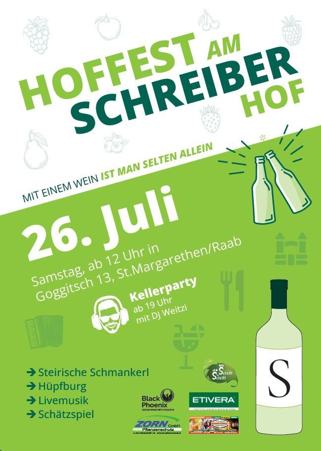 Veranstaltung am Schreiberhof am 26. Juli. Ab 12 Uhr in Goggitsch. Inklusive steirischer Schmankerl, Musik und Weinverkostung. DJs spielen ab 19 Uhr.