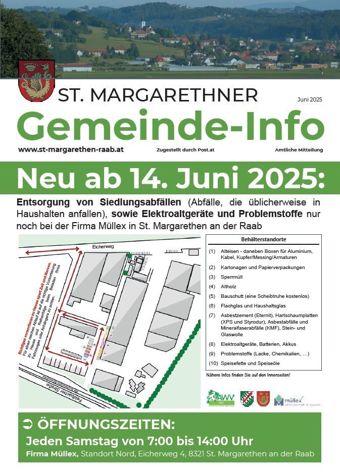 Das Plakat kündigt neue Regeln für die Abfallentsorgung in St. Margarethen ab dem 14. Juni 2025 an. Abfall wie Haushaltsabfälle, Elektrogeräte und Problemstoffe werden nur noch bei der Firma Müllex in St. Margarethen angenommen. Genauere Informationen finden Sie im Inneren.