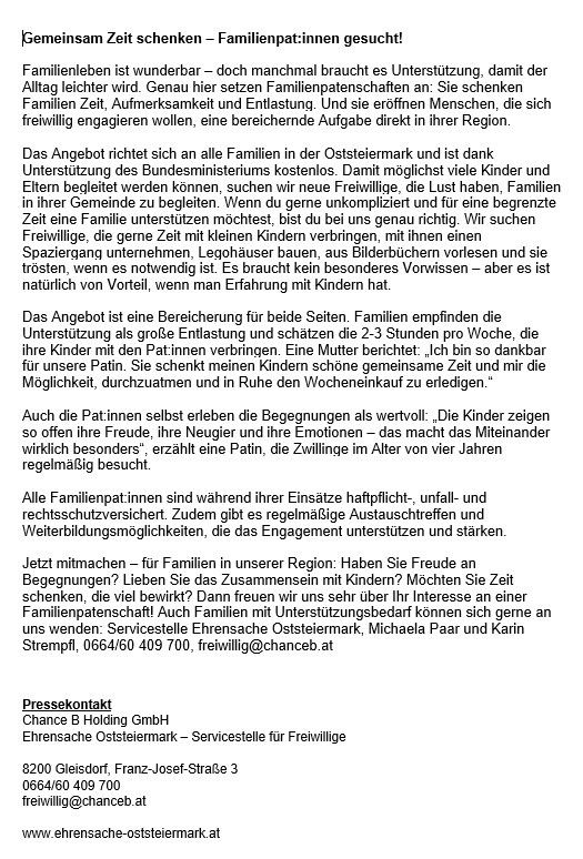 Familienleben ist wunderbar - doch manchmal braucht es Unterstützung, damit der Alltag leichter wird. Genau hier setzen Familienpatenschaften an: Sie schenken Familien Zeit, Aufmerksamkeit und Entlastung. Und sie eröffnen Menschen, die sich freiwillig engagieren wollen, eine bereichernde Aufgabe direkt in ihrer Region.